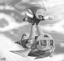 Size: 1319x1242 | Tagged: safe, artist:shonuff44, derpibooru import, rainbow dash, scootaloo, human, pony, clothes, cute, cutealoo, flying, goggles, grayscale, humanized, monochrome, open mouth, scootalove, shorts, upside down, winged humanization, wings