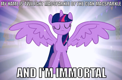 Size: 689x454 | Tagged: safe, derpibooru import, twilight sparkle, twilight sparkle (alicorn), alicorn, pony, bad idea, female, highlander, image macro, mare