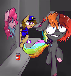 Size: 3224x3444 | Tagged: safe, artist:scootaloocuteness, pinkie pie, oc, earth pony, pony, unicorn, blue eyes, digital art, graffiti, gray coat, open mouth, police, police officer, rainbow hair, rainbow trail, running, teeth, teeth grinding, tongue out