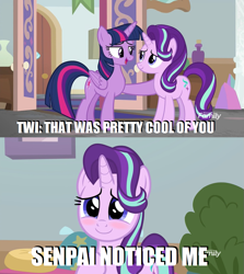 Size: 913x1024 | Tagged: safe, edit, edited screencap, screencap, starlight glimmer, twilight sparkle, twilight sparkle (alicorn), alicorn, unicorn, marks for effort, blushing, c:, caption, comic, cute, eye contact, female, glimmerbetes, lidded eyes, looking at each other, mare, meme, open mouth, screencap comic, senpai, senpai noticed me, smiling