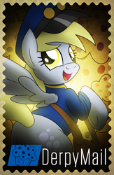 Size: 3375x5175 | Tagged: safe, artist:drawponies, derpy hooves, pegasus, pony, clothes, female, looking back, mailbag, mailmare, mare, plot, solo, stamp, underhoof, uniform