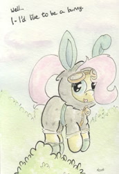 Size: 690x1004 | Tagged: safe, artist:slightlyshade, fluttershy, pegasus, pony, bunny ears, clothes, dangerous mission outfit, female, goggles, hoodie, mare, solo, traditional art