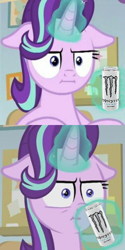 Size: 282x564 | Tagged: safe, edit, edited screencap, screencap, starlight glimmer, pony, unicorn, marks for effort, cropped, energy drink, floppy ears, glowing horn, i mean i see, monster energy, solo, unamused