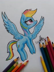 Size: 3096x4128 | Tagged: safe, artist:ironbeastz, derpibooru import, rainbow dash, pegasus, pony, female, flying, mare, pencil, pencil drawing, photo, signature, simple background, solo, traditional art, white background