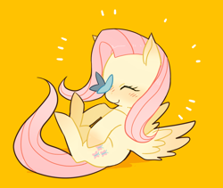 Size: 950x800 | Tagged: safe, artist:usagimochi, fluttershy, butterfly, pegasus, pony, blushing, butterfly on nose, cute, eyes closed, female, insect on nose, mare, pixiv, shyabetes, simple background, solo, spread wings, wings, yellow background