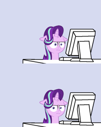 Size: 679x854 | Tagged: safe, artist:the smiling pony, starlight glimmer, pony, unicorn, marks for effort, :i, computer, desk, faic, female, floppy ears, glare, gray background, i mean i see, keyboard, lidded eyes, looking at something, looking at you, mare, meme, monitor, reaction image, simple background, solo, unamused, wide eyes