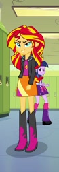 Size: 279x806 | Tagged: safe, screencap, sunset shimmer, twilight sparkle, twilight sparkle (alicorn), alicorn, equestria girls, equestria girls (movie), boots, clothes, cropped, evil grin, grin, jacket, rear view, shoes, skirt, smiling, smirk