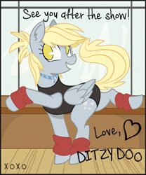 Size: 940x1131 | Tagged: safe, artist:dbkit, derpy hooves, pegasus, pony, active stretch, female, leg warmers, leotard, mare, necklace, solo, stretching