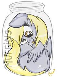 Size: 800x1080 | Tagged: safe, artist:amberony, derpy hooves, pony, :p, cute, derpabetes, fluffy, jar, looking at you, looking back, pony in a bottle, silly, silly pony, simple background, sitting, smiling, solo, tongue out, white background