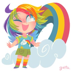 Size: 1000x1000 | Tagged: safe, artist:ilianagatto, derpibooru import, rainbow dash, human, clothes, cloud, humanized, rainbow, rainbow socks, socks, solo, striped socks