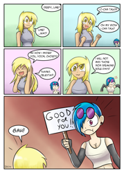 Size: 940x1310 | Tagged: safe, artist:dinobirdofdoom, derpy hooves, dj pon-3, vinyl scratch, human, slice of life (episode), :3, arm warmers, belly button, breasts, cleavage, clothes, comic, derpy loaves, female, good for you, humanized, midriff, misspelling, mute, mute vinyl, tanktop, vinyl stacked