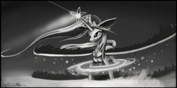 Size: 8640x4320 | Tagged: safe, artist:auroriia, princess celestia, alicorn, pony, absurd resolution, grayscale, impossibly large ears, magic, monochrome, solo, spread wings