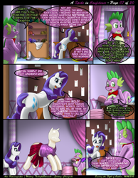 Size: 1165x1500 | Tagged: safe, artist:kitsuneyoukai, rarity, spike, dragon, pony, unicorn, comic:a spike in confidence, blushing, bowtie, courtship, crying, dialogue, eating, embarrassed, explicit source, eyes closed, interior, leaning, looking back, mannequin, oblivious, plot, rarity's bedroom, sweat, talking, we don't normally wear clothes
