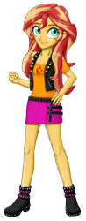 Size: 1156x2952 | Tagged: safe, artist:artemis-polara, sunset shimmer, equestria girls, equestria girls series, boots, breasts, cleavage, clothes, cute, female, hand on hip, jacket, leather jacket, legs, moe, shirt, shoes, simple background, skirt, smiling, solo, transparent background, vest