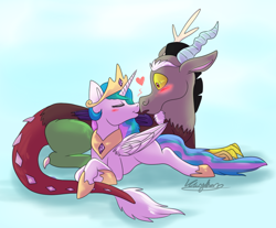 Size: 1208x1000 | Tagged: safe, artist:dragonwolfgirl1234, discord, princess celestia, alicorn, pony, :o, blushing, boop, cuddling, dislestia, eyes closed, female, heart, male, noseboop, open mouth, prone, shipping, smiling, snuggling, straight, wide eyes