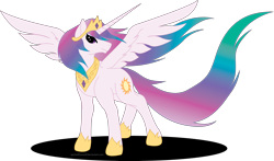 Size: 3688x2172 | Tagged: safe, artist:spiritofthwwolf, princess celestia, alicorn, pony, crown, female, horn, mare, multicolored mane, multicolored tail, solo, white coat, white wings, wings