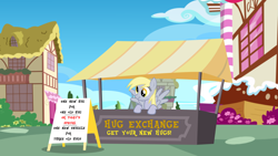 Size: 1920x1080 | Tagged: safe, derpy hooves, pegasus, pony, booth, bronybait, female, hug, mare, scrunchy face, sign, snuggles?