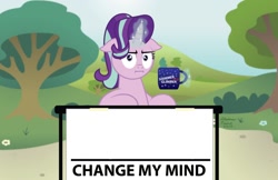 Size: 1024x662 | Tagged: safe, artist:aleximusprime, edit, starlight glimmer, pony, unicorn, marks for effort, :i, bush, change my mind, coffee mug, crossing the memes, exploitable meme, female, floppy ears, flower, glowing horn, horn, i mean i see, levitation, looking at you, magic, mare, meme, mug, multicolored mane, obligatory pony, pink coat, sign, signature, sitting, solo, steven crowder, table, telekinesis, template, text, tree