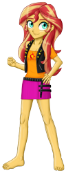 Size: 1098x2872 | Tagged: safe, alternate version, artist:artemis-polara, sunset shimmer, better together, equestria girls, barefoot, breasts, cleavage, clothes, cute, feet, female, hand on hip, jacket, leather jacket, legs, moe, shirt, simple background, skirt, smiling, solo, transparent background, vest
