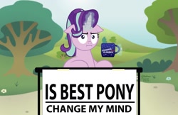 Size: 1024x662 | Tagged: safe, artist:aleximusprime, edit, starlight glimmer, pony, unicorn, marks for effort, :i, best pony, bush, change my mind, coffee mug, crossing the memes, female, floppy ears, flower, glowing horn, horn, i mean i see, levitation, looking at you, magic, mare, meme, mug, multicolored mane, pink coat, sign, signature, sitting, solo, steven crowder, table, telekinesis, text, tree