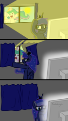 Size: 448x800 | Tagged: safe, artist:tralalayla, princess celestia, princess luna, alicorn, pony, :d, come outside chris, comic, computer, curtains, d:, frown, glare, monitor, open mouth, parody, smiling, sun, unamused, waving