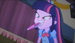 Size: 1425x817 | Tagged: safe, derpibooru import, screencap, twilight sparkle, equestria girls, equestria girls (movie), mouth drawing, mouth hold, pen, solo