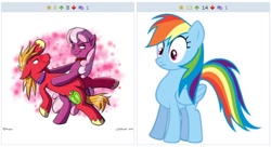 Size: 512x278 | Tagged: safe, derpibooru import, big macintosh, cheerilee, rainbow dash, earth pony, pegasus, pony, dancing, derpibooru, exploitable meme, juxtaposition, juxtaposition win, male, meme, meta, stallion