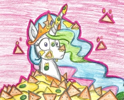 Size: 1260x1019 | Tagged: safe, artist:krazykari, artist:latecustomer, princess celestia, alicorn, pony, female, jewelry, looking at you, mare, nachos, regalia, solo, traditional art