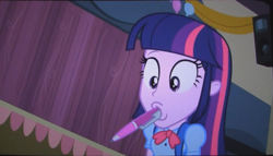 Size: 1431x821 | Tagged: safe, derpibooru import, screencap, twilight sparkle, equestria girls, equestria girls (movie), mouth drawing, mouth hold, pen, solo