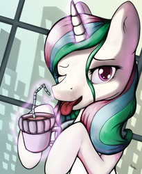 Size: 2087x2543 | Tagged: safe, artist:sceathlet, princess celestia, alicorn, pony, coffee, open mouth, solo, tongue out, wink