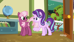 Size: 1920x1080 | Tagged: safe, screencap, cheerilee, starlight glimmer, pony, unicorn, marks for effort, book, bookcase, bush, discovery family logo, globe, hedge, school