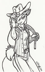 Size: 710x1126 | Tagged: safe, artist:cskairi, applejack, anthro, monochrome, sketch, solo, traditional art