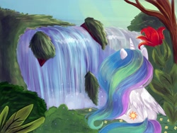 Size: 2400x1800 | Tagged: safe, artist:rickroodz, princess celestia, alicorn, pony, scenery, solo, waterfall