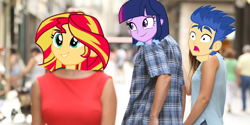 Size: 880x440 | Tagged: safe, flash sentry, sunset shimmer, twilight sparkle, equestria girls, distracted boyfriend meme, female, implied flashlight, implied shipping, implied straight, infidelity, lesbian, meme, shipping, sunsetsparkle