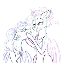 Size: 983x812 | Tagged: safe, artist:shiny-cooler, derpibooru import, princess celestia, princess luna, alicorn, pony, accessory swap, alternate hairstyle, annoyed, blushing, cheek squish, female, imminent kissing, incest, lesbian, looking at each other, mare, one eye closed, princest, shipping, sketch, squishy cheeks, wink
