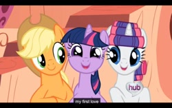 Size: 500x313 | Tagged: safe, screencap, applejack, rarity, twilight sparkle, earth pony, pony, unicorn, c:, cute, female, happy, implied shipping, lesbian, meme, open mouth, rarilight, shipping, smiling, twijack, youtube caption