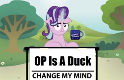 Size: 1024x662 | Tagged: safe, artist:aleximusprime, edit, editor:nightshadowmlp, starlight glimmer, pony, unicorn, marks for effort, :i, bush, change my mind, cup, empathy cocoa, faic, female, floppy ears, flower, glowing horn, horn, i mean i see, levitation, magic, mare, mug, multicolored mane, op is a duck (reaction image), pink coat, sign, signature, sitting, solo, steven crowder, table, telekinesis, text, tree