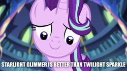 Size: 1280x718 | Tagged: safe, edit, edited screencap, screencap, starlight glimmer, pony, unicorn, equestria girls, mirror magic, spoiler:eqg specials, drama, drama bait, exploitable meme, glimmerposting, implied twilight sparkle, in defense of starlight, looking at you, meme, op is a cuck, op is trying to start shit, opinion, solo, starlight drama, starlight drama drama, text