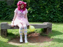 Size: 2592x1944 | Tagged: safe, artist:mochifairy, pinkie pie, human, balloon, bench, cosplay, irl, irl human, photo, sitting, smiling, solo