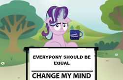 Size: 1024x662 | Tagged: safe, artist:aleximusprime, edit, starlight glimmer, pony, unicorn, marks for effort, :i, bush, change my mind, coffee mug, crossing the memes, equality, exploitable meme, faic, female, flower, glowing horn, horn, i mean i see, image macro, levitation, magic, mare, meme, mug, multicolored mane, pink coat, sign, signature, sitting, solo, steven crowder, table, telekinesis, text, tree