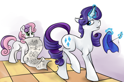 Size: 1298x857 | Tagged: safe, artist:chromaflow, rarity, sweetie belle, pony, unicorn, duo, duo female, female, filly, mare, siblings, sisters, white coat