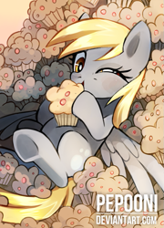 Size: 533x740 | Tagged: safe, artist:pepooni, derpy hooves, pegasus, pony, cute, derpabetes, female, food, looking at you, mare, muffin, solo, that pony sure does love muffins, underhoof, wink