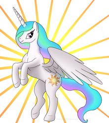 Size: 1024x1158 | Tagged: safe, artist:infrasonicman, princess celestia, alicorn, pony, female, horn, mare, missing accessory, multicolored mane, multicolored tail, solo, white coat, white wings, wings