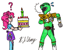 Size: 901x696 | Tagged: safe, artist:stealthninja5, pinkie pie, equestria girls, burai, cake, candle, crossover, dragon ranger, green ranger, kyouryuu sentai zyuranger, mighty morphin power rangers, power rangers, super sentai, this will end in death, tommy oliver (power rangers), traditional art