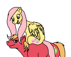 Size: 674x537 | Tagged: safe, artist:skaleal, big macintosh, fluttershy, earth pony, pegasus, pony, fluttermac, looking at you, male, open mouth, ponies riding ponies, riding, shipping, sitting, smiling, stallion, straight