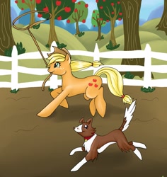 Size: 967x1024 | Tagged: safe, artist:ecchichibi, applejack, winona, earth pony, pony, fence, lasso, mouth hold, rope, tree