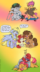 Size: 722x1280 | Tagged: safe, artist:kaemantis, babs seed, derpy hooves, dinky hooves, scootaloo, truffle shuffle, twist, oc, oc:trissie, pony, babstwist, behaving like a cat, bipedal, blushing, clothes, cute, derp, derpabetes, eyepatch, female, glasses, lazy eye, lesbian, saw, scooter, shipping, size difference, skateboard, sleeping, twistabetes