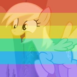 Size: 960x960 | Tagged: safe, edit, derpy hooves, pegasus, pony, slice of life (episode), cute, derpabetes, derpy pride, female, gay pride, gay pride flag, mare, open mouth, pride, rainbow, rainbow filter, smiling, solo, symbol