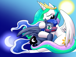 Size: 1000x750 | Tagged: safe, artist:hashioaryut, princess celestia, princess luna, alicorn, pony, blushing, hug, pixiv