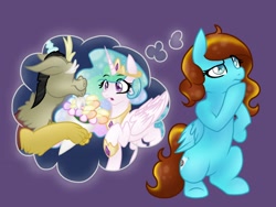 Size: 1024x768 | Tagged: safe, artist:dewdrop-210, discord, princess celestia, oc, oc:ilovekimpossiblealot, alicorn, pony, dislestia, female, imagination, male, shipper on deck, shipping, straight